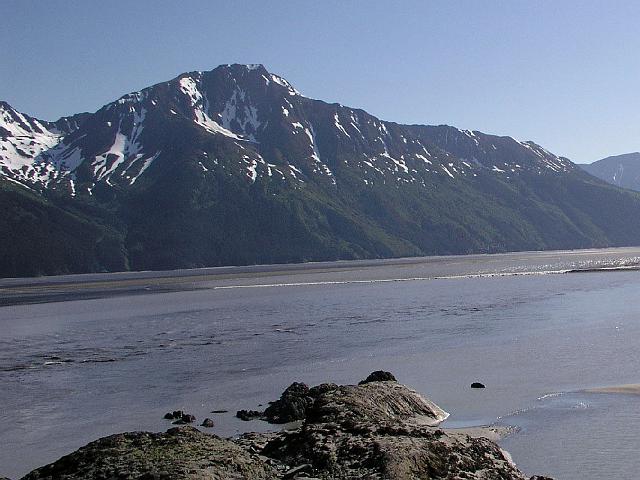 P6180024.JPG - On a drive down the scenic Seward Highway, we were fortunate to catch a glimpse of the bore tide. He's not in the photo, but there was a guy acutally trying to surf it, which is rather dangerous.