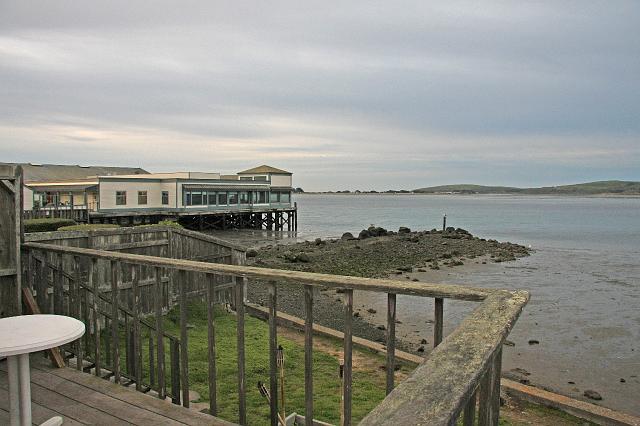 IMG_1201.JPG - The view from our cottage in Bodega Bay.  The building to the left, the "Tides", was featured in Alfred Hitchcock's film The Birds.  There were no large flocks of birds on this morning.